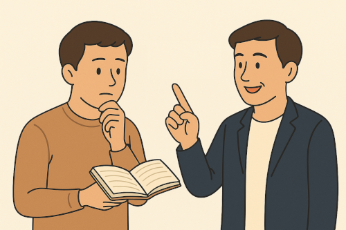 625段階を考える人とフェローのイラスト